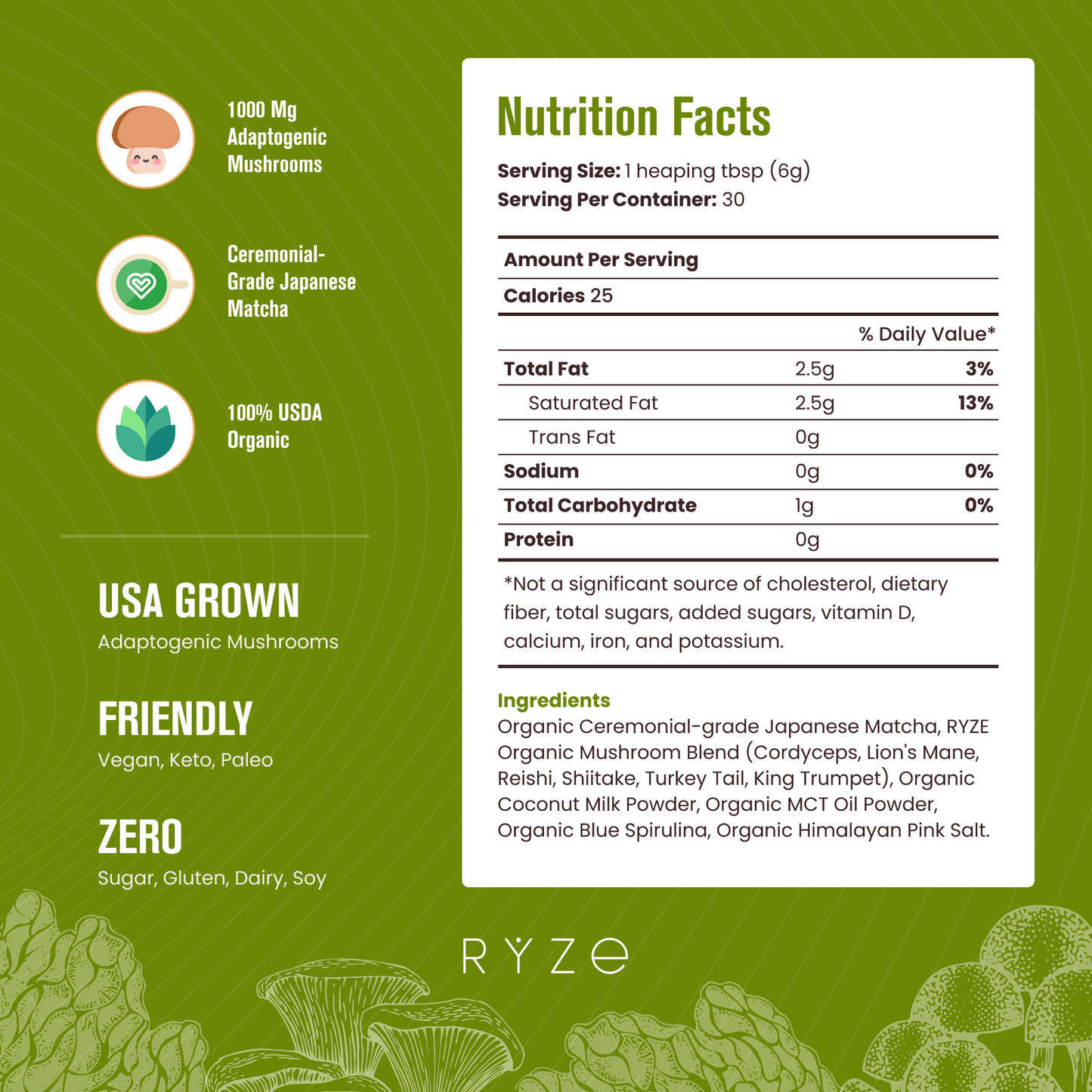 RYZE Mushroom Matcha - with 6 Organic Adaptogenic 