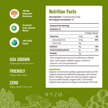 RYZE Mushroom Matcha - with 6 Organic Adaptogenic 